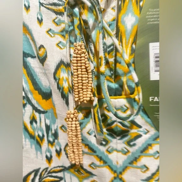 Farm Rio Green/Turquoise Boho Resort Romper Long Sleeve Tassel Tie NWT M - Picture 8 of 9